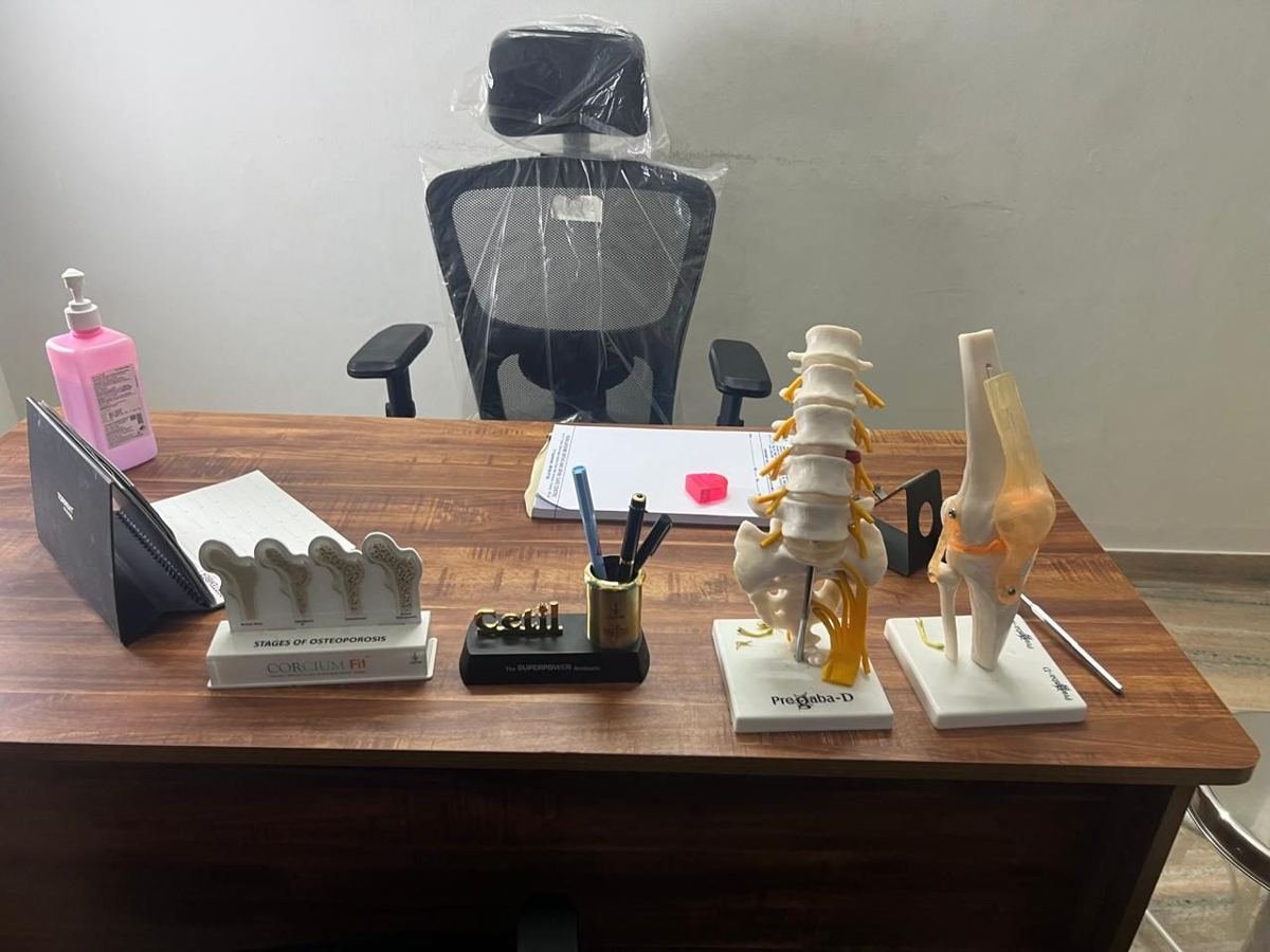 Spine model on the doctor's desk at the clinic, used to explain back problems